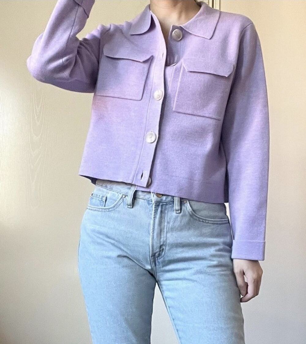 Sezane Betty Cardigan Lilac Small 100% Wool Knit Jacket Sweater Parisian